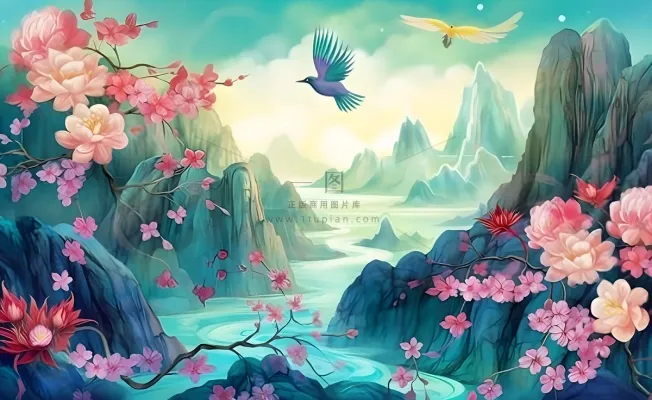 国潮风山峦云树枝花鸟插画海报素材背景 国潮风山峦云树枝花鸟插画海报素材背景