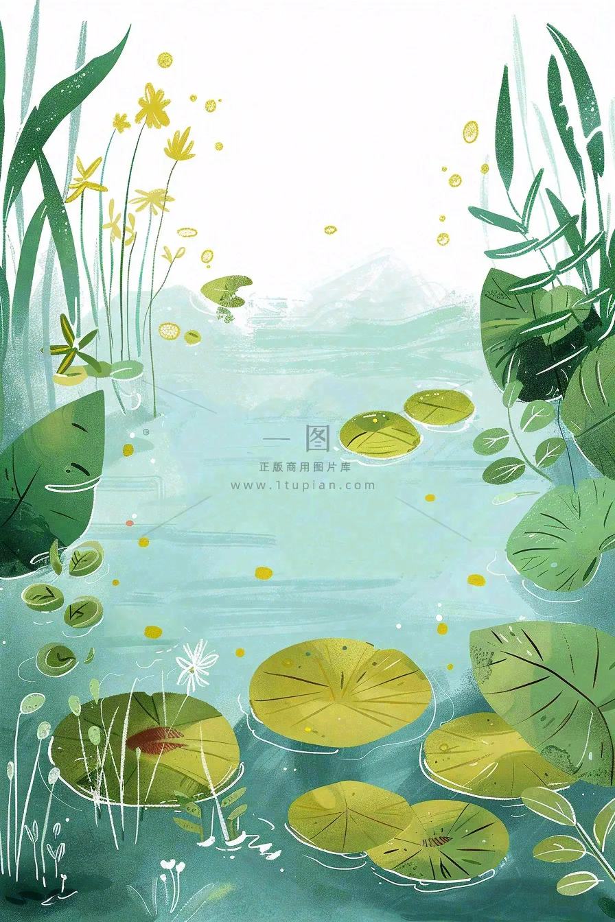 夏日池塘荷花睡莲水塘立夏小暑大暑处暑插画背景