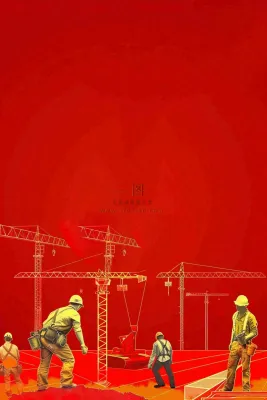 红色工地指挥工人职业人物剪影劳动节插画背景