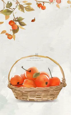秋冬柿子树下的柿子水果霜降插画背景 秋冬柿子树下的柿子水果霜降插画背景
