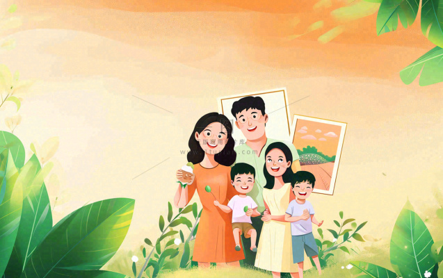 温馨家庭简约合照，橙色渐变绿叶绿植手绘插画