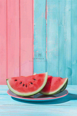 夏日西瓜切块粉蓝木板背景立夏下载小暑处暑摄影图