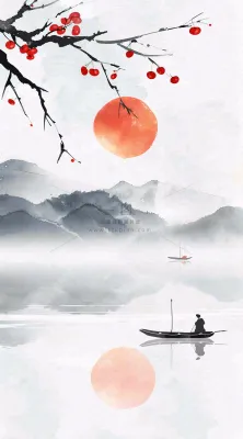 中国风山水秋冬柿子树霜降插画背景 中国风山水秋冬柿子树霜降插画背景