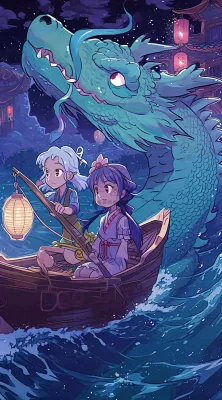 创意卡通古风河面人物游船,夜晚龙灯笼光照,海浪水面 创意卡通古风河面人物游船,夜晚龙灯笼光照,海浪水面