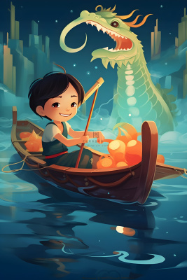 水上划船龙舟水草卡通插画背景