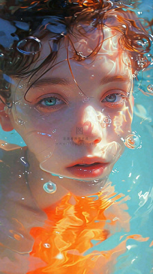 阳光泳池游泳人物男女，金鱼水面海上，反光色彩摄影图