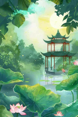 夏日江南苏式园林荷花池塘凉亭树荫阳光立夏夏至处暑插画背景