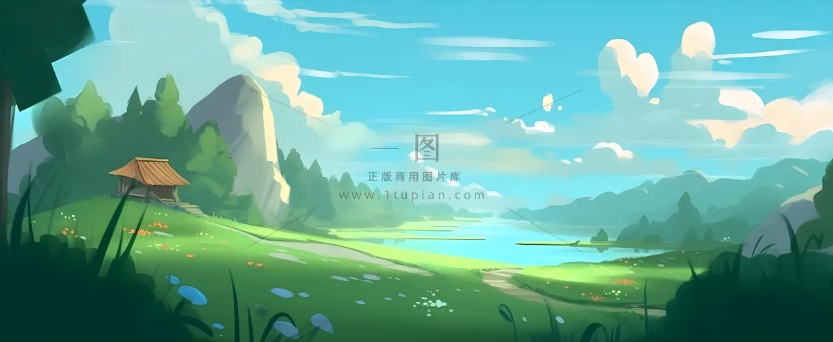 春天蓝天白云草原绿色树草地手绘插画海报素材背景