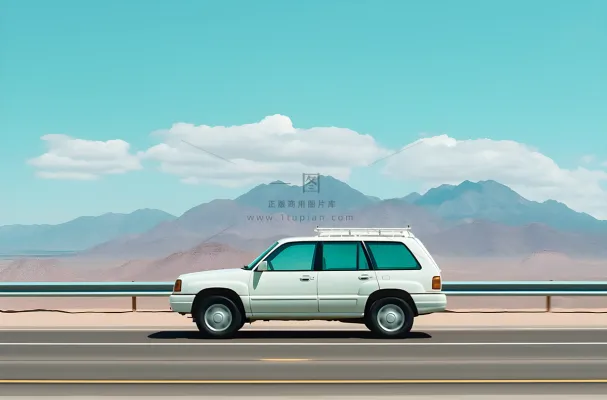白色汽车在高速公路上行驶旁边是远处的雪山摄影图
