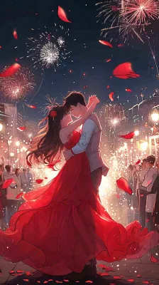 烟花中情侣在情人节的夜晚里拥抱亲吻，红色爱心气球爱情甜蜜