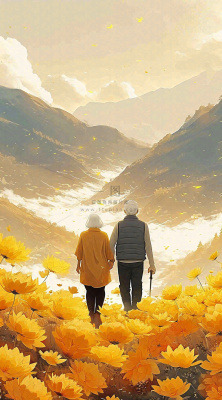 老人相伴到老，菊花黄色花朵，落日山脉