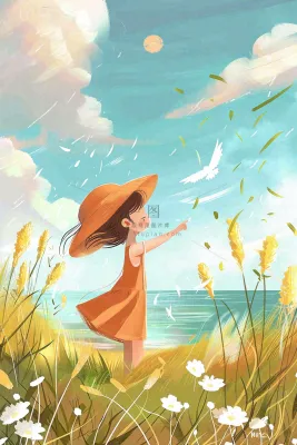 秋天湖边女孩随风舞动芦苇荡白鸽白鹭白露寒露插画背景