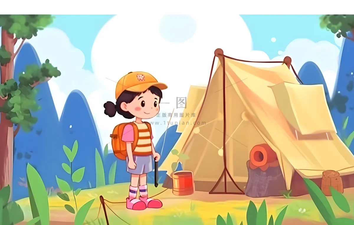户外野外森林草原露营人们卡通插画背景