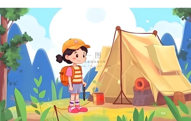 户外野外森林草原露营人们卡通插画背景 户外野外森林草原露营人们卡通插画背景