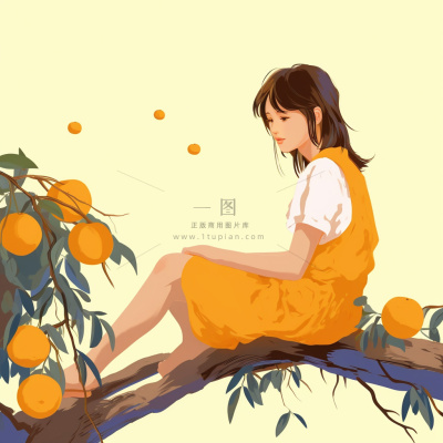 女孩少女坐着橘子树上可爱卡通插画素材背景