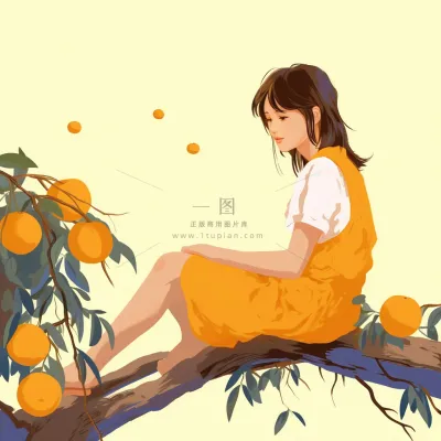 女孩少女坐着橘子树上可爱卡通插画素材背景