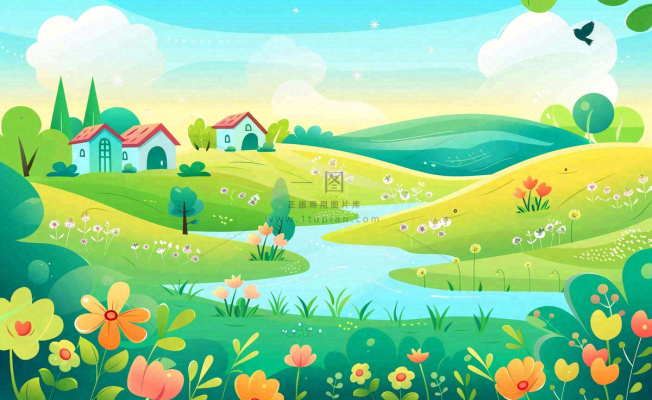 春天插画立春节气郊游遇见春天你好春天花草春风旅游草地风景扁平画背景 春天插画立春节气郊游遇见春天你好春天花草春风旅游草地风景扁平画背景
