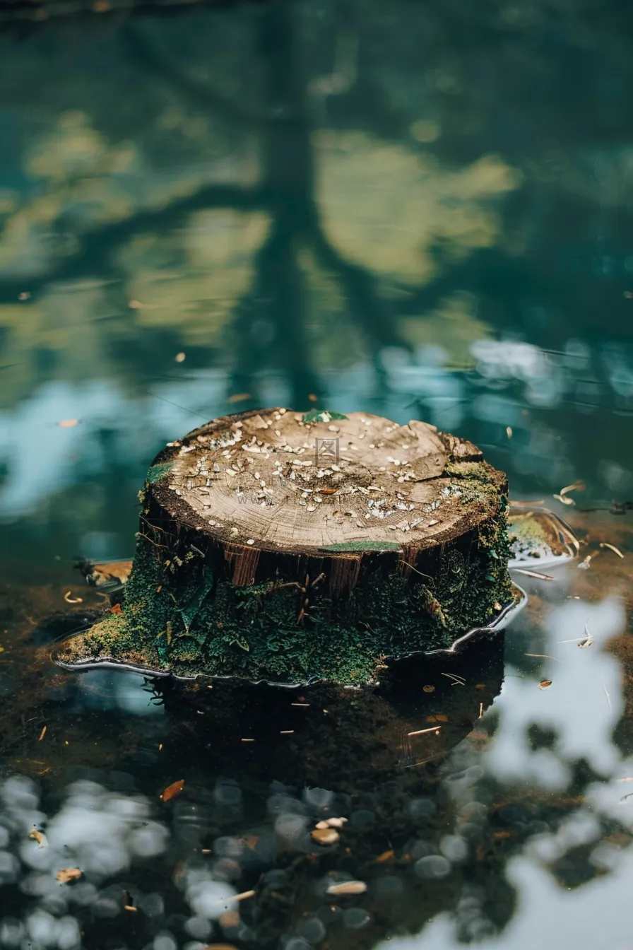 水池中的木头桩子雨季摄影图