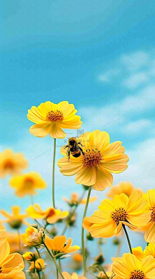 清新春天蓝天花丛黄色小花朵蜜蜂，春分摄影图