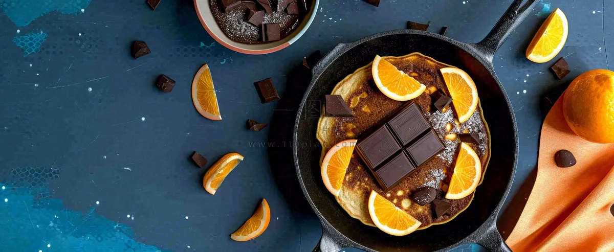 美食简约烤饼蛋糕，巧克力水果橙子摄影图