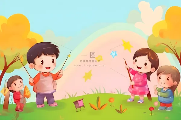 儿童在草坪上玩耍彩虹天空卡通背景 儿童在草坪上玩耍彩虹天空卡通背景