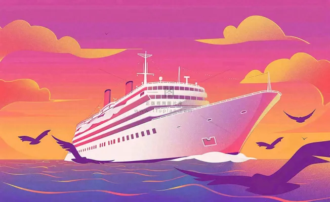 夕阳落日下的海上邮轮船海鸥度假旅游建军卡通插画背景