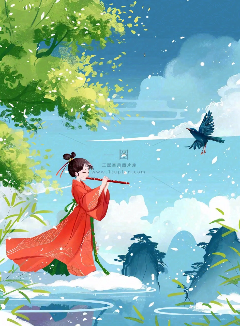 春夏古风女孩游湖吹笛小鸟绿叶大树惊蛰春分立夏清明卡通插画背景