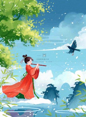 春夏古风女孩游湖吹笛小鸟绿叶大树惊蛰春分立夏清明卡通插画背景 春夏古风女孩游湖吹笛小鸟绿叶大树惊蛰春分立夏清明卡通插画背景