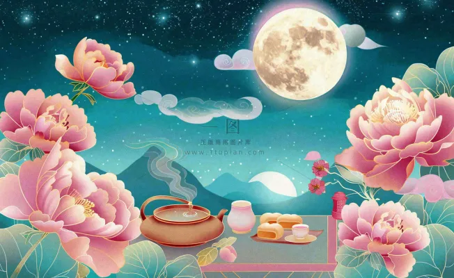 中秋晚宴赏月月饼喝茶牡丹花古风屏风祥云国潮风中国风插画背景