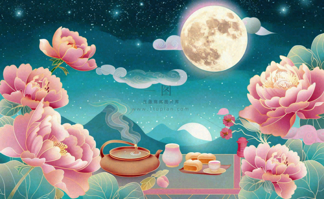 中秋晚宴赏月月饼喝茶牡丹花古风屏风祥云国潮风中国风插画背景 中秋晚宴赏月月饼喝茶牡丹花古风屏风祥云国潮风中国风插画背景