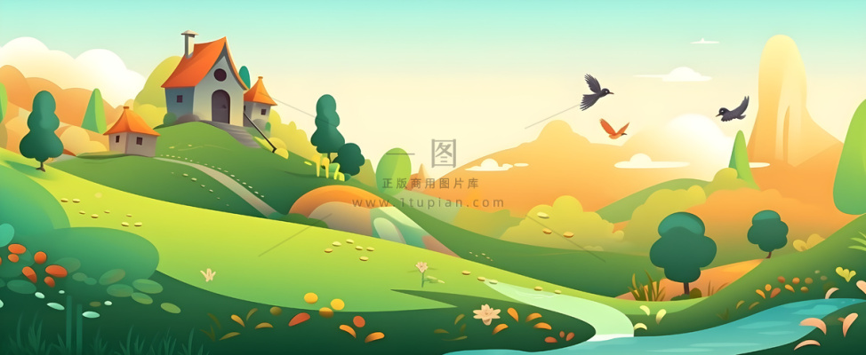 春夏森林山坡草地花草鸟绿植风景插画海报素材背景 春夏森林山坡草地花草鸟绿植风景插画海报素材背景