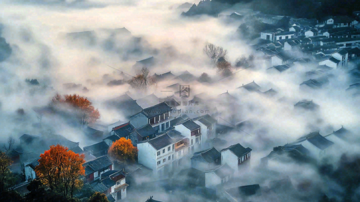 江南风景屋檐瓦舍雾村庄山林摄影图