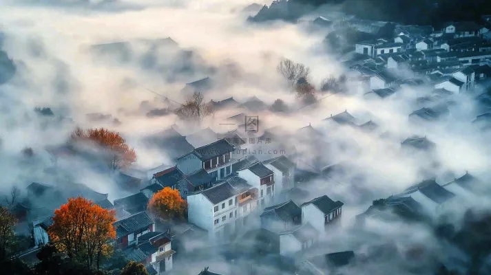 江南风景屋檐瓦舍雾村庄山林摄影图