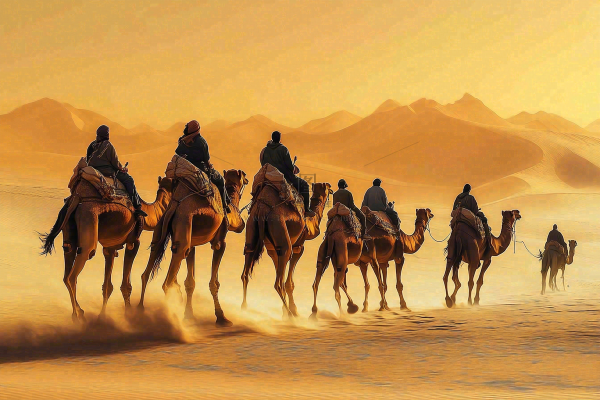 夕阳沙漠里骑骆驼的人群黄土沙丘大漠风光摄影图