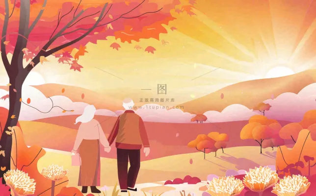 重阳节黄昏老人登高望远背影卡通插画背景 重阳节黄昏老人登高望远背影卡通插画背景