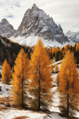 秋天雪山上的黄树风景摄影图