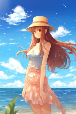 夏日少女在海边沙滩游玩卡通插画素材
