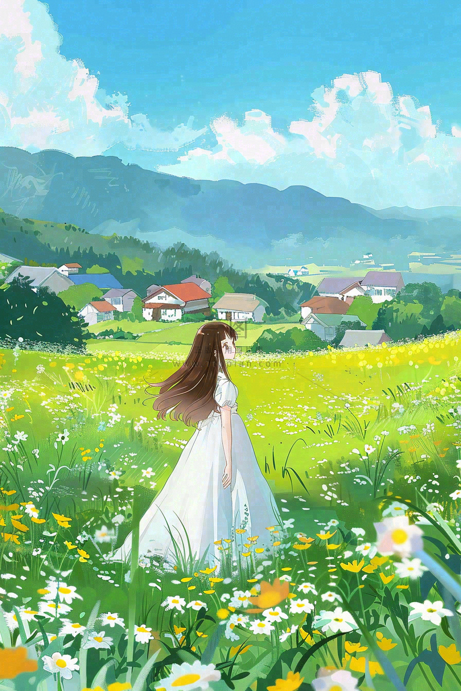 春夏花海里的少女美丽唯美小清新春分立夏夏至青春卡通插画背景