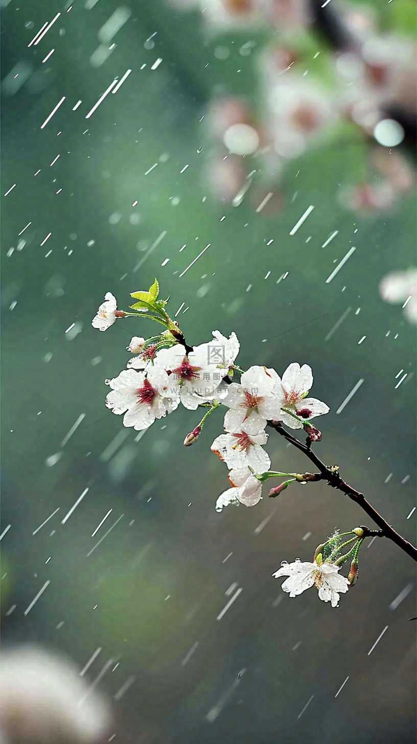 春天白色花朵枝叶在雨中，新鲜绿叶鲜花，雨水谷雨摄影图