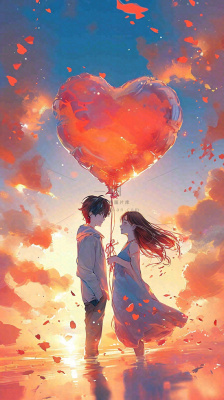 情人节浪漫情人爱心落日蓝天唯美，情侣亲吻爱情，卡通手绘插画
