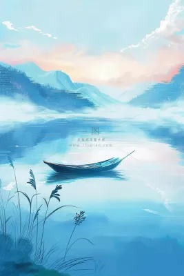 水墨山水画船帆芦苇荡青山插画背景 水墨山水画船帆芦苇荡青山插画背景