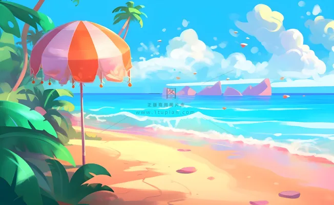 海边度假沙滩椰树冲浪天空插画背景