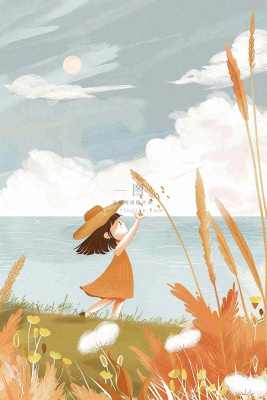 秋天湖边女孩随风舞动芦苇荡白鸽白鹭白露寒露插画背景