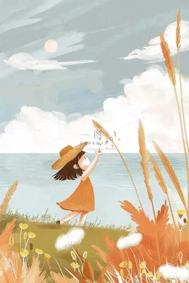 秋天湖边女孩随风舞动芦苇荡白鸽白鹭白露寒露插画背景