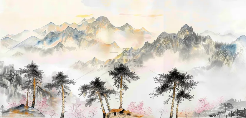 水墨祖国山河磅礴气势青山国画插画背景