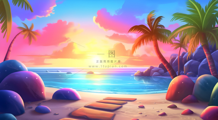 带有棕榈树和石头的热带海滩的 Instagram 图标图像，充满活力的漫画风格，天蓝色，彩色动画剧照，大型画布绘画，3840x2160，极简主义背景，生动的海景插画背景