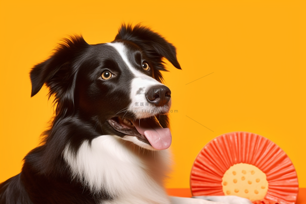 一只可爱的边牧宠物狗橙色背景摄影图