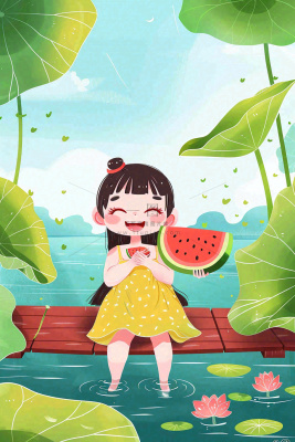 夏天荷花湖木桥上吃西瓜的女孩清凉立夏夏至大暑小暑卡通插画背景 夏天荷花湖木桥上吃西瓜的女孩清凉立夏夏至大暑小暑卡通插画背景