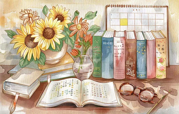 教师节办公桌向日葵备课老师水彩插画背景 教师节办公桌向日葵备课老师水彩插画背景