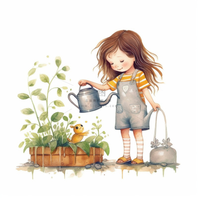 春夏小女孩在给绿植浇水插画海报素材背景